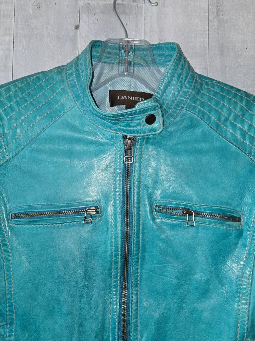 Danier Vintage Turquoise Leather Moto Bomber Jacket Y2K Retro XXS Size 3 - Picture 3 of 10
